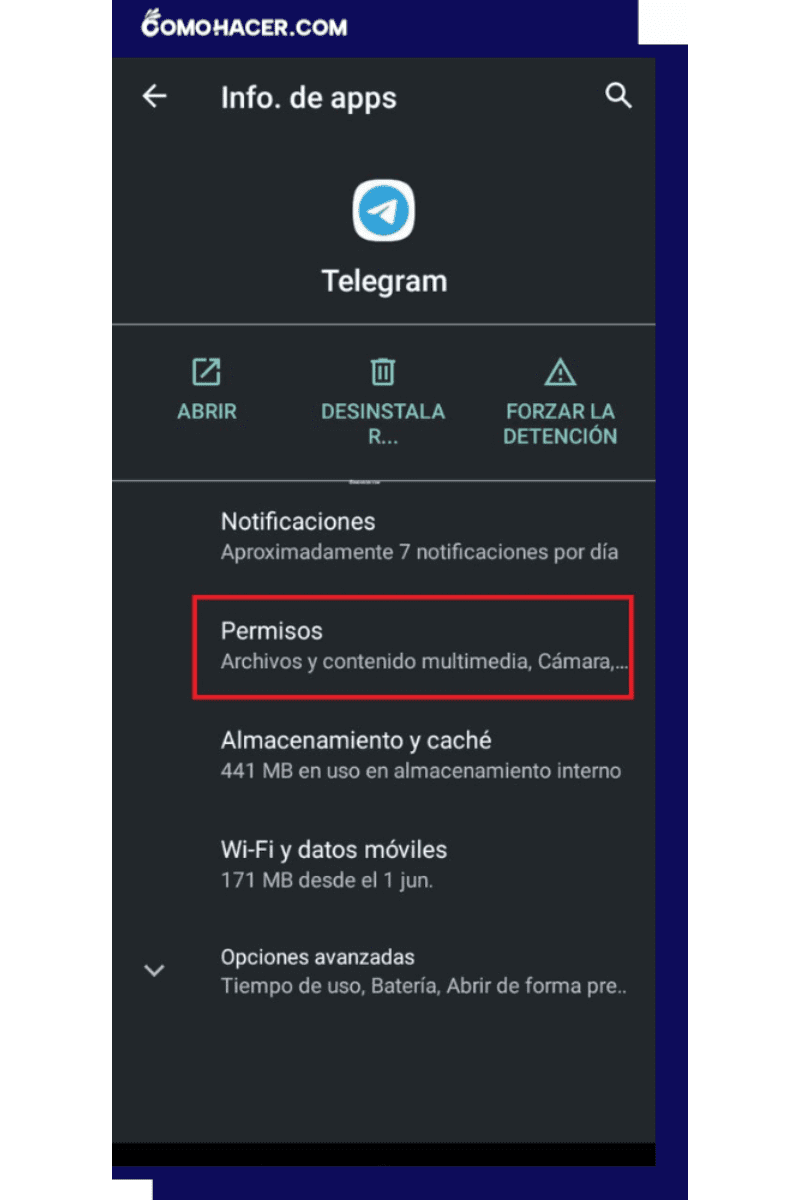 Sección de ajustes de Telegram en Android
