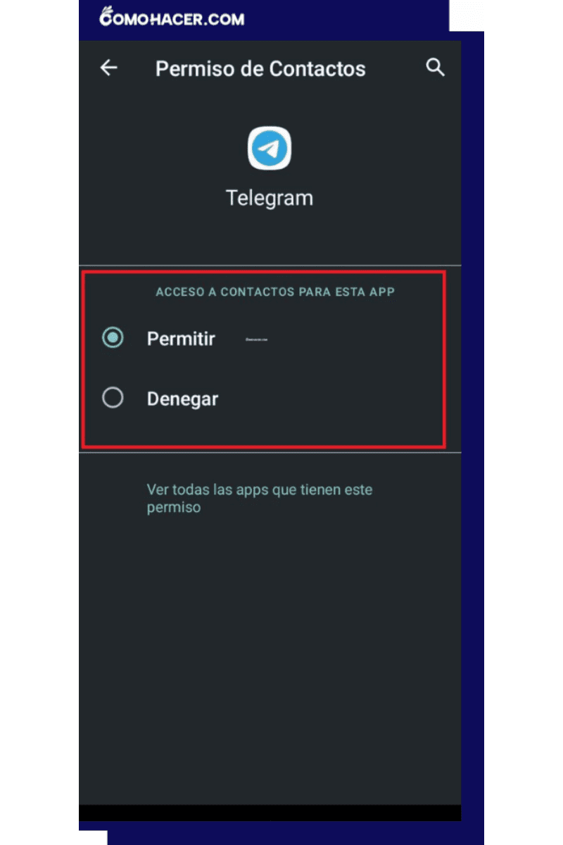 Conceder permisos de Telegram en Android