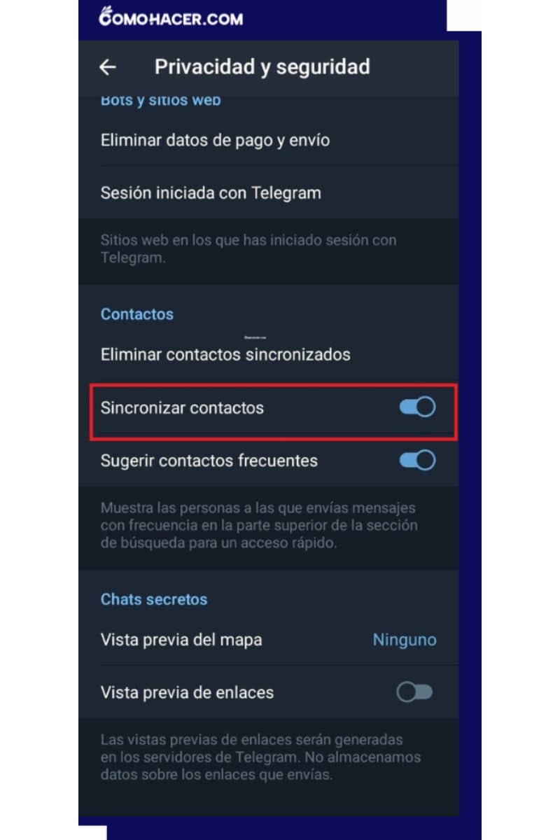 Opción para sincronizar contactos en Telegram