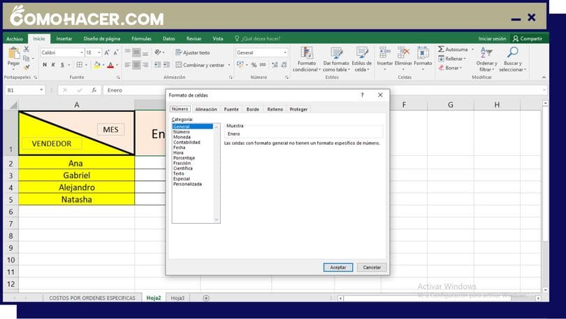 Captura que muestra el cuadro para formatear celdas en Excel