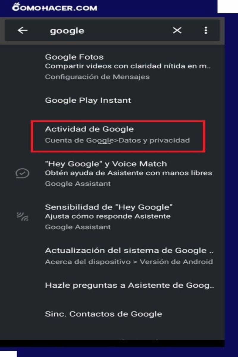 Sección de Google en la configuración de Android