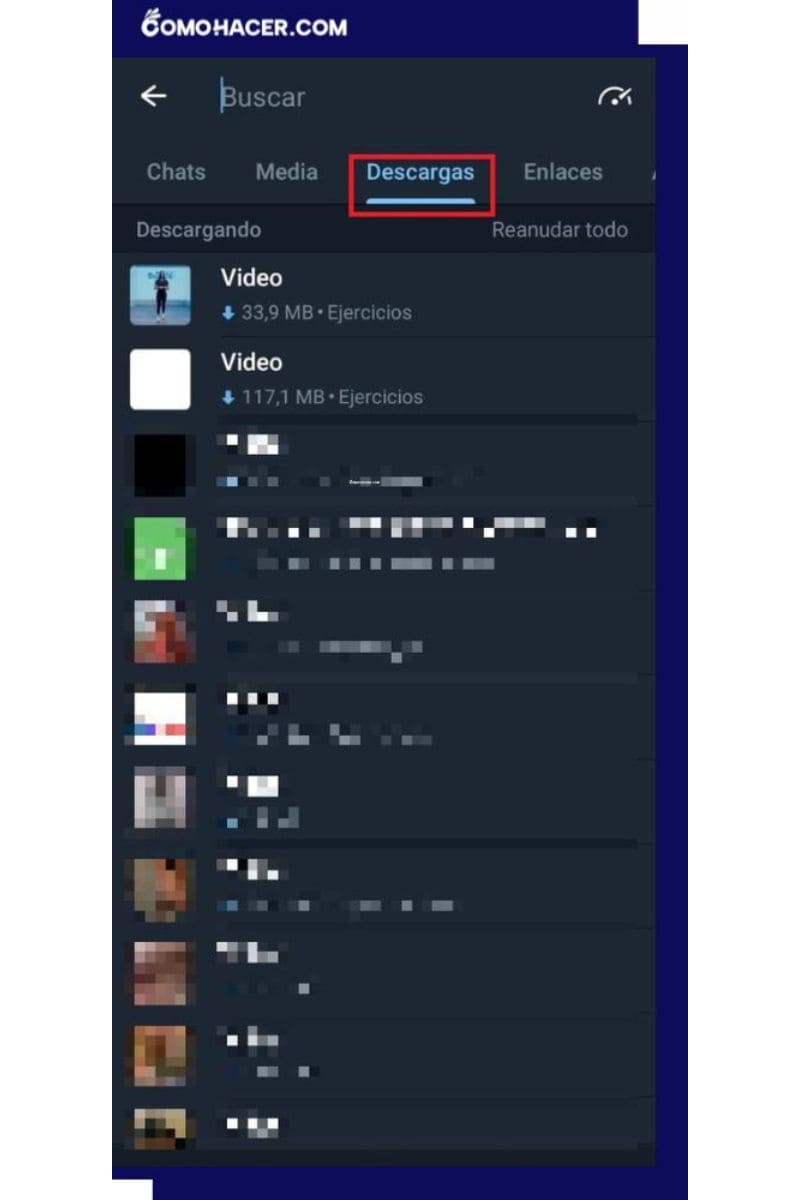 Captura de pantalla de la sección donde se visualizan las descargas en Telegram