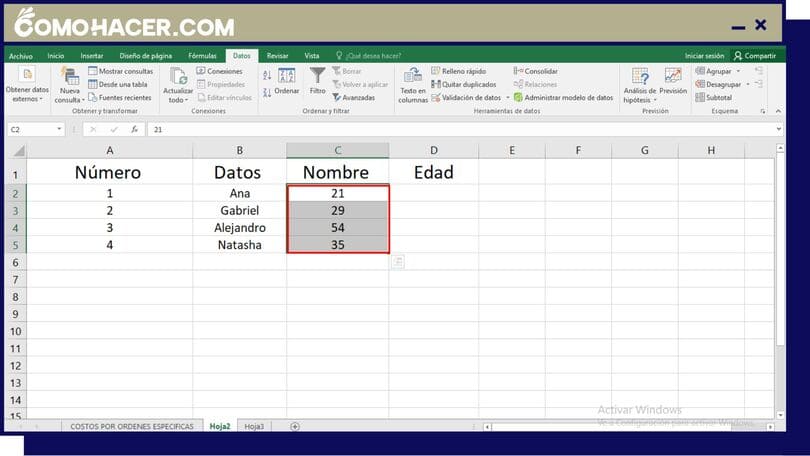 Captura de pantalla de Excel que muestra varias celdas seleccionadas