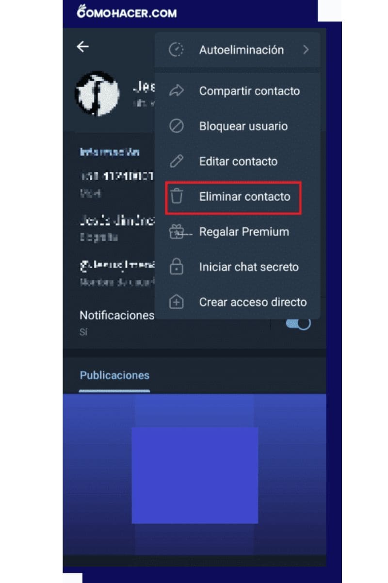 Opción para eliminar un contacto de Telegram