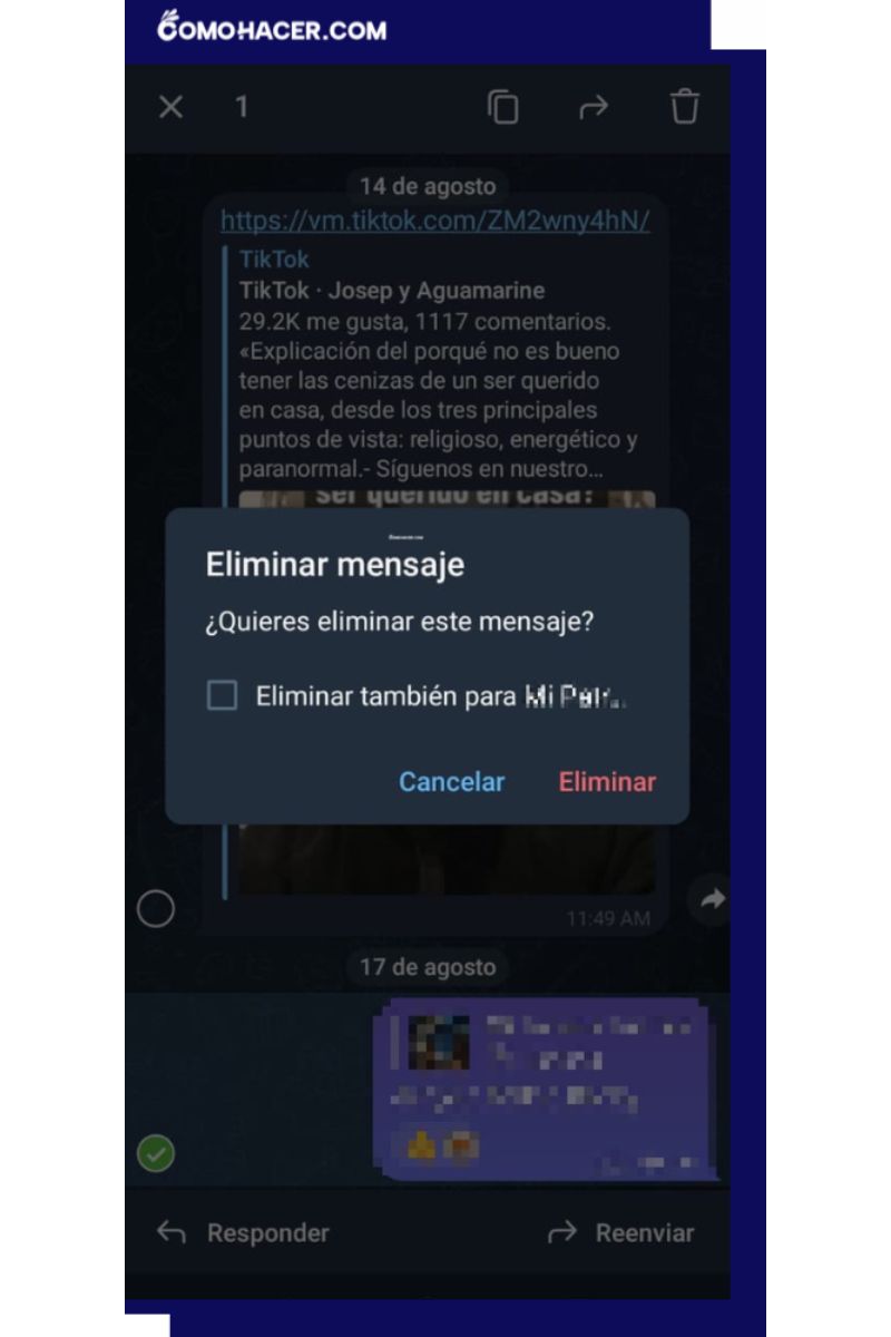 Captura de pantalla del proceso para eliminar un mensaje en Telegram