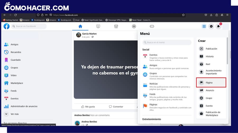 menu crear pagina facebook