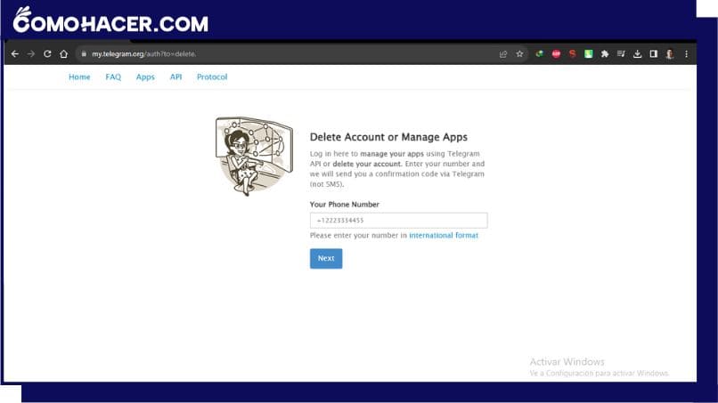 Sitio web para eliminar una cuenta de Telegram