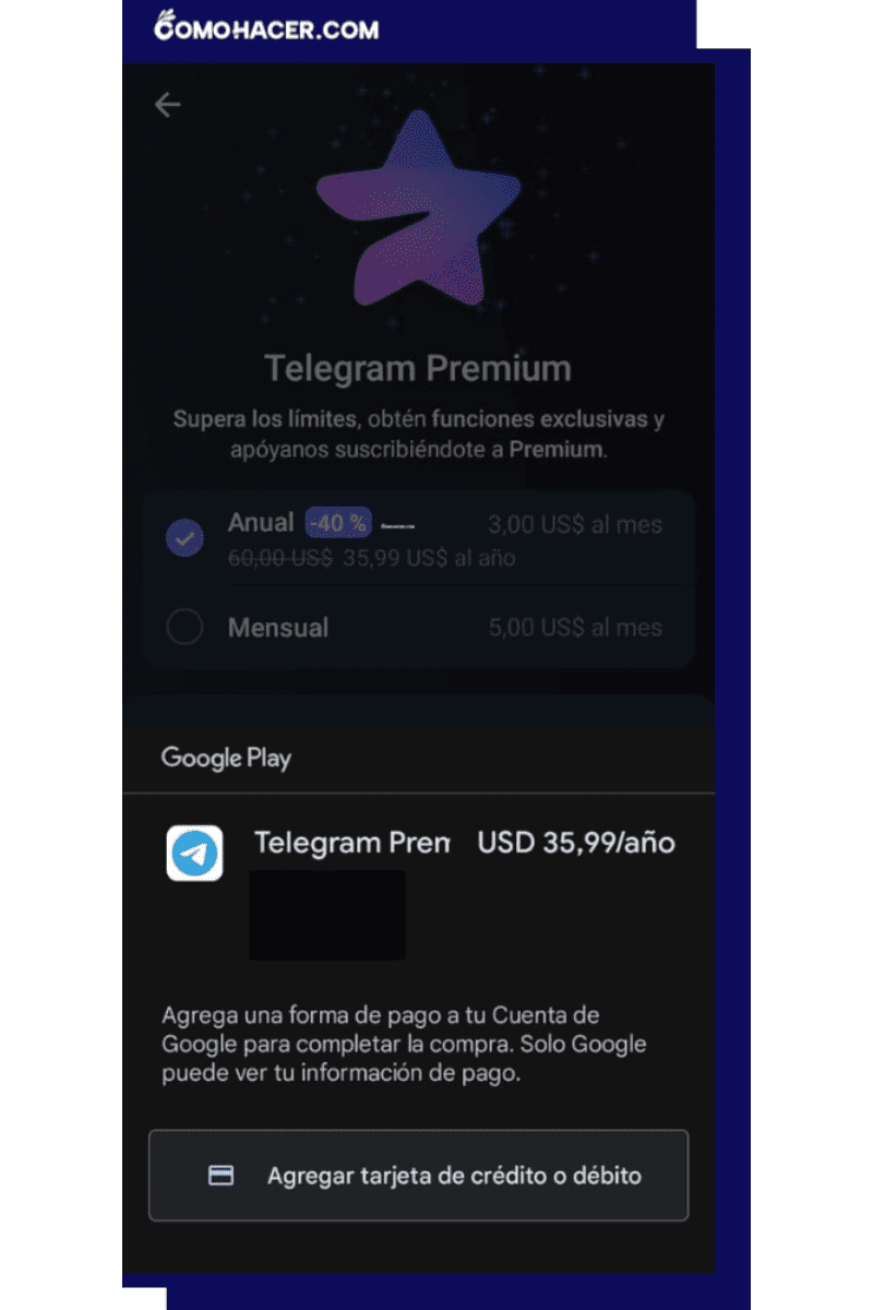 Captura de pantalla del precio de Telegram Premium