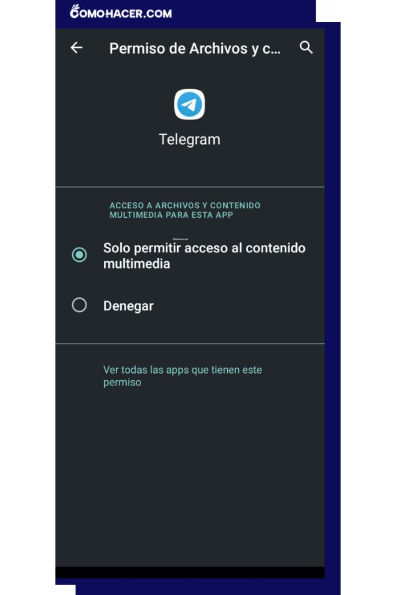 Otorgar permisos de almacenamiento de Telegram