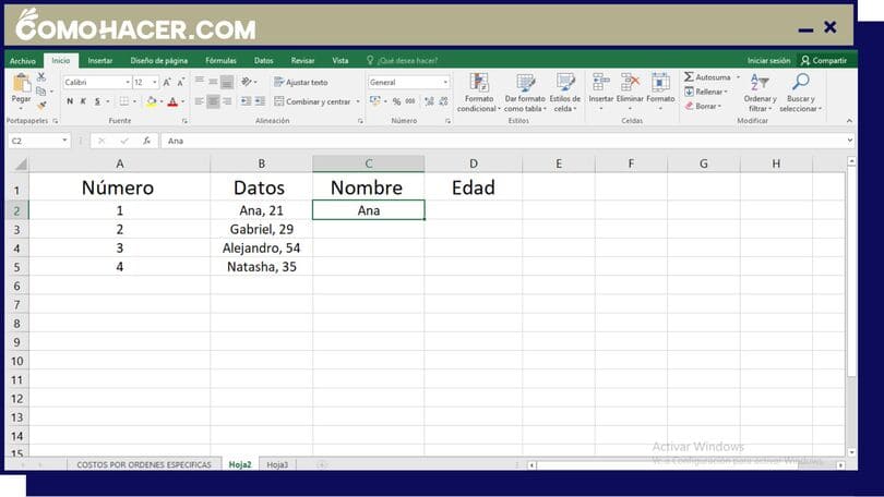 Primer paso para dividir celdas en Excel con Flash Fill